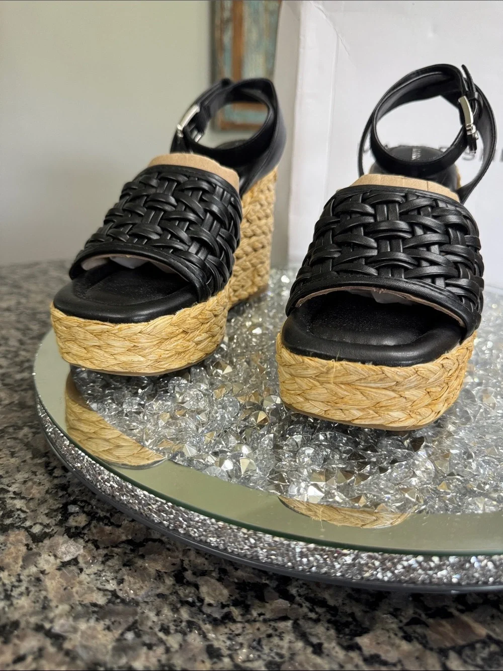 Marc Fisher Godina Black Woven Espadrille Wedge Sandals NEW 7.5